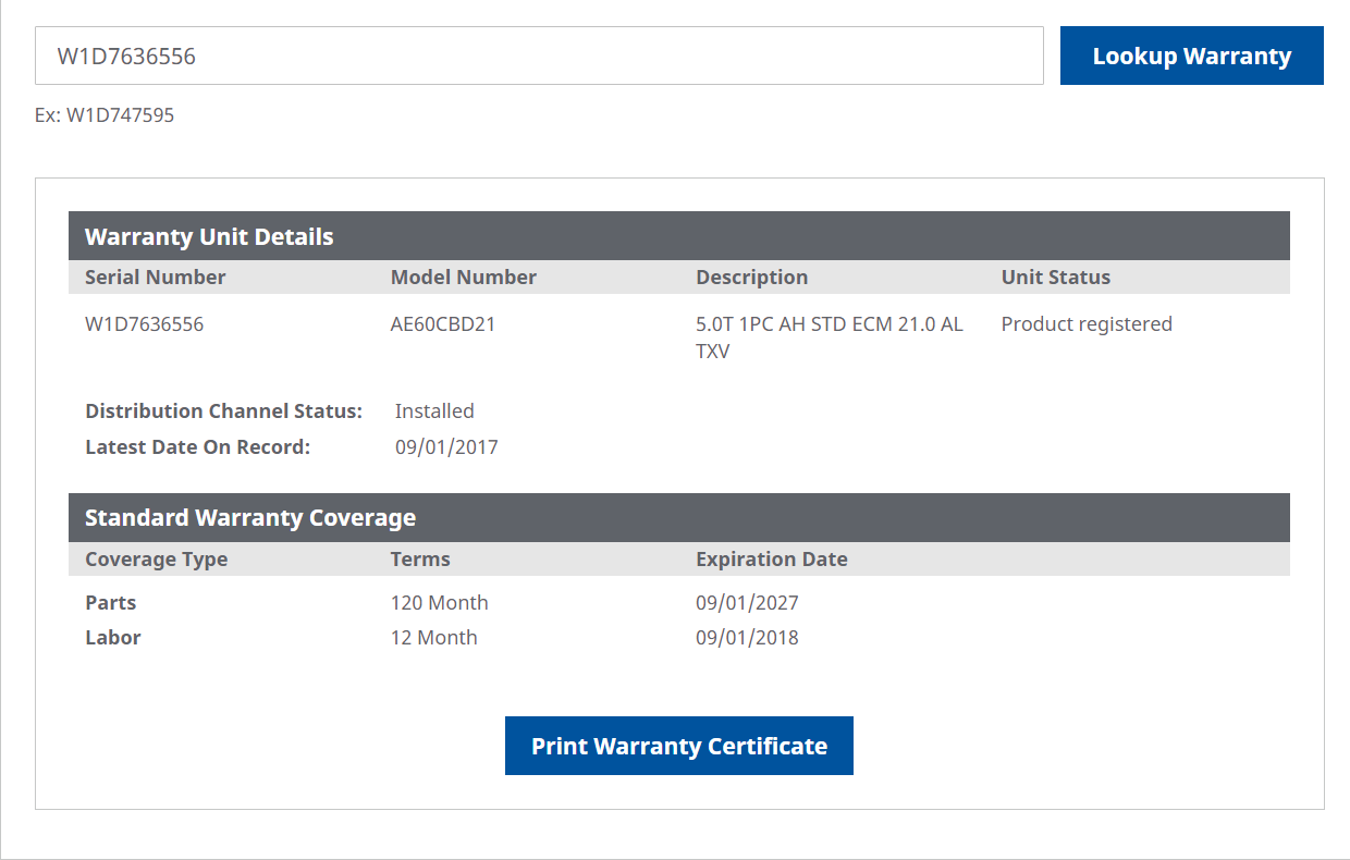 warranty search with results